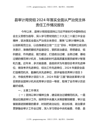 县审计局党组2024年落实全面从严治党主体责任工作情况报告