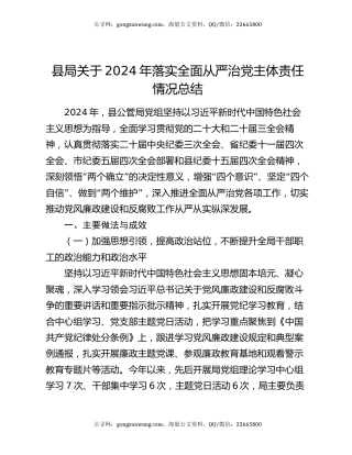 县局关于2024年落实全面从严治党主体责任情况总结
