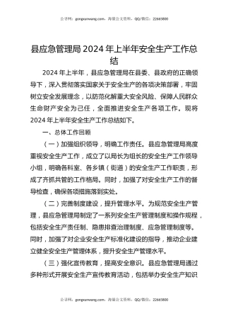 县应急管理局2024年上半年安全生产工作总结