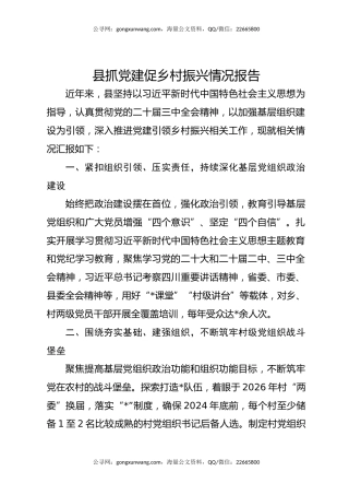 县抓党建促乡村振兴情况报告