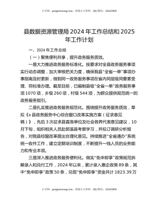 县数据资源管理局2024年工作总结和2025年工作计划