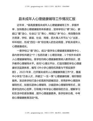 县未成年人心理健康辅导工作情况汇报