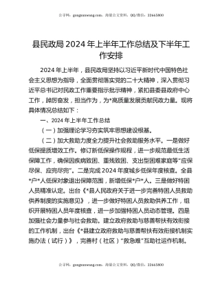 县民政局2024年上半年工作总结及下半年工作安排
