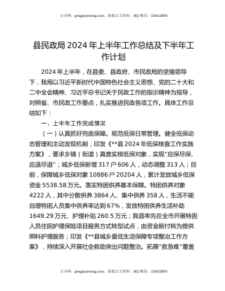 县民政局2024年上半年工作总结及下半年工作计划