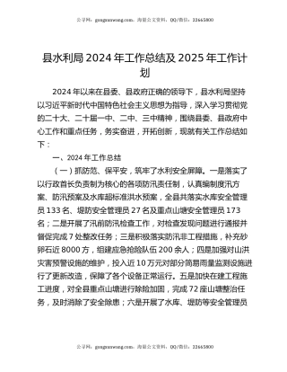 县水利局2024年工作总结及2025年工作计划