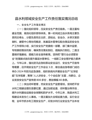 县水利领域安全生产工作责任落实情况总结