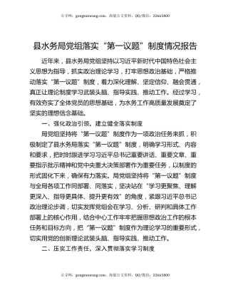 县水务局党组落实“第一议题”制度情况报告