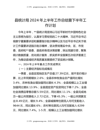县统计局2024年上半年工作总结暨下半年工作计划