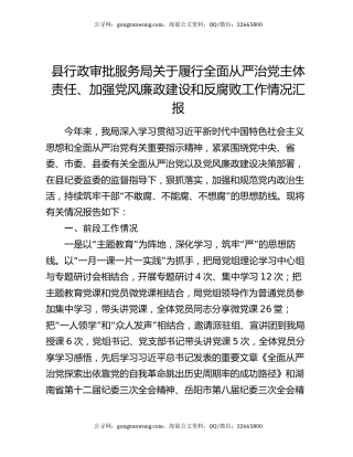 县行政审批服务局关于履行全面从严治党主体责任、加强党风廉政建设和反腐败工作情况汇报