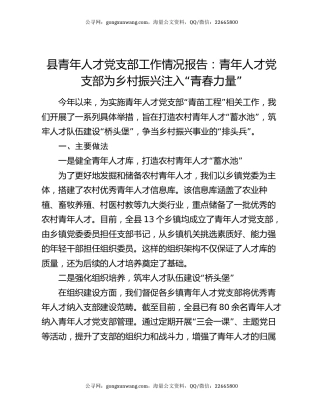 县青年人才党支部工作情况报告：青年人才党支部为乡村振兴注入“青春力量”