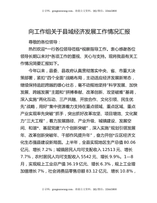 向工作组关于县域经济发展工作情况汇报