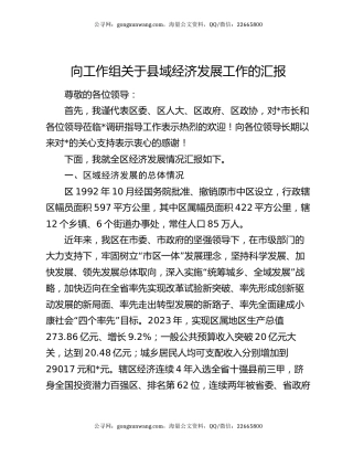 向工作组关于县域经济发展工作的汇报