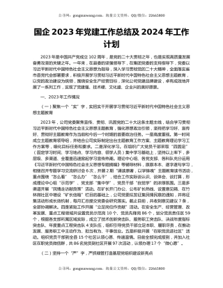 国企2023年党建工作总结及2024年工作计划