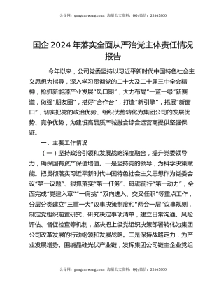 国企2024年落实全面从严治党主体责任情况报告