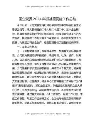 国企党委2024年抓基层党建工作总结