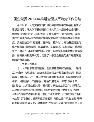 国企党委2024年推进全面从严治党工作总结