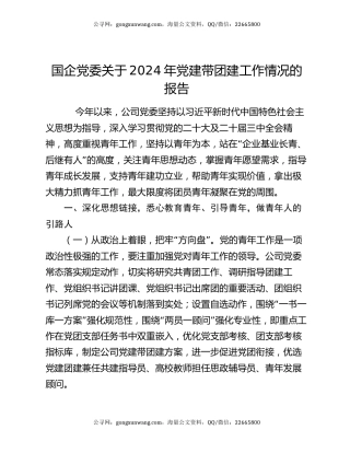 国企党委关于2024年党建带团建工作情况的报告