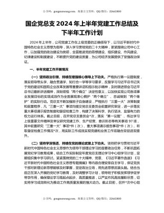国企党总支2024年上半年党建工作总结及下半年工作计划