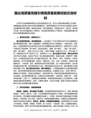 国企高质量党建引领高质量发展经验交流材料