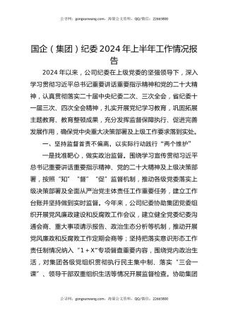 国企（集团）纪委2024年上半年工作情况报告