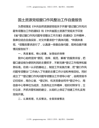 国土资源党组窗口作风整治工作自查报告
