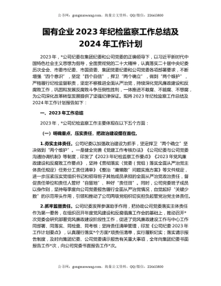 国有企业2023年纪检监察工作总结及2024年工作计划