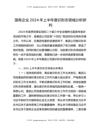 国有企业2024年上半年意识形态领域分析研判