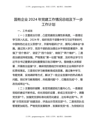 国有企业2024年党建工作情况总结及下一步工作计划