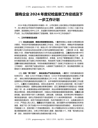 国有企业2024年度纪检监察工作总结及下一步工作计划
