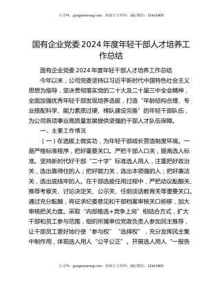 国有企业党委2024年度年轻干部人才培养工作总结