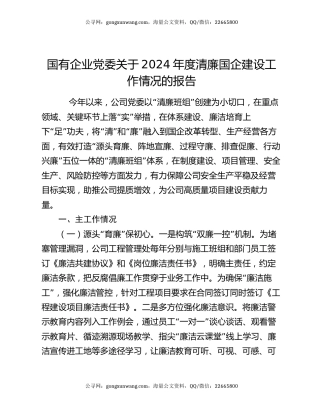 国有企业党委关于2024年度清廉国企建设工作情况的报告