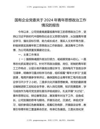 国有企业党委关于2024年青年思想政治工作情况的报告