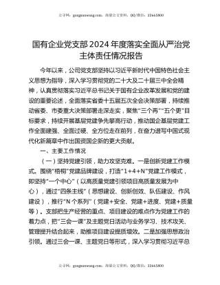 国有企业党支部2024年度落实全面从严治党主体责任情况报告