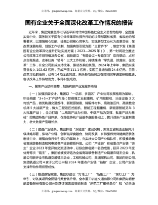 国有企业关于全面深化改革工作情况的报告