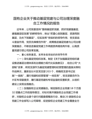 国有企业关于推动基层党建与公司治理深度融合工作情况的报告