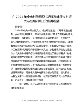 在2024年全市村党组织书记抓党建促乡村振兴示范培训班上的辅导报告