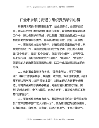 在全市乡镇（街道）组织委员培训心得