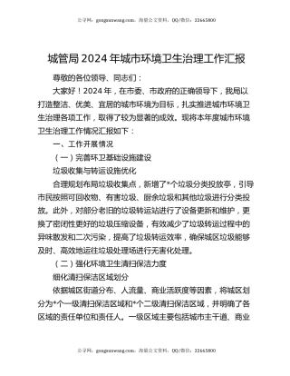 城管局 2024 年城市环境卫生治理工作汇报