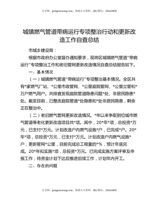城镇燃气管道带病运行专项整治行动和更新改造工作自查总结