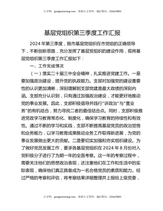 基层党组织第三季度工作汇报