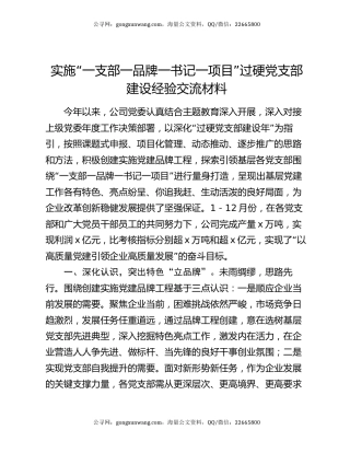 实施“一支部一品牌一书记一项目”过硬党支部建设经验交流材料