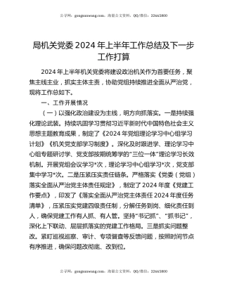 局机关党委2024年上半年工作总结及下一步工作打算