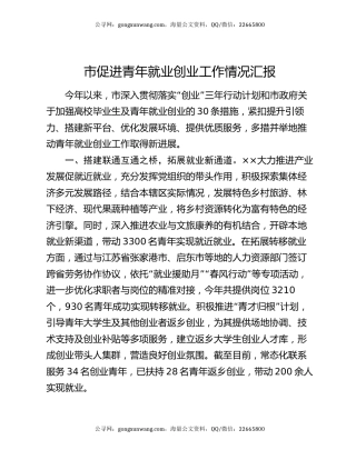 市促进青年就业创业工作情况汇报