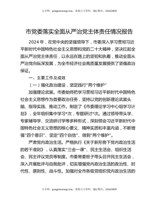 市党委落实全面从严治党主体责任情况报告