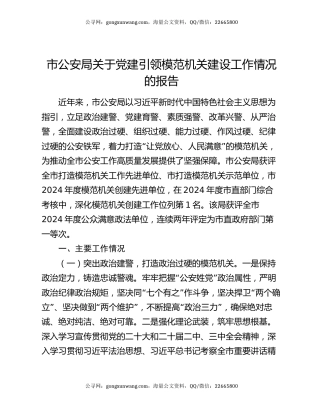 市公安局关于党建引领模范机关建设工作情况的报告