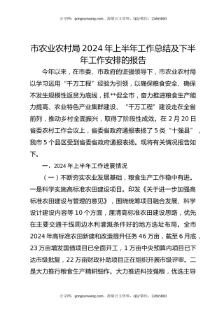 市农业农村局2024年上半年工作总结及下半年工作安排的报告