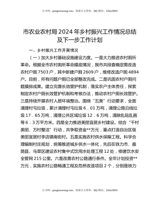市农业农村局2024年乡村振兴工作情况总结及下一步工作计划