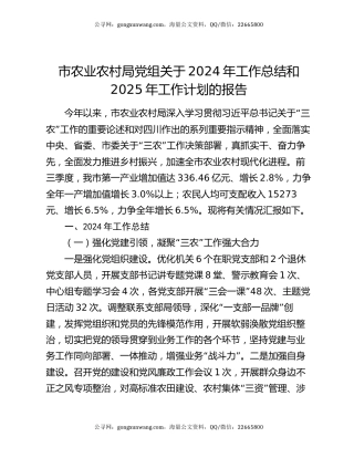 市农业农村局党组关于2024年工作总结和2025年工作计划的报告