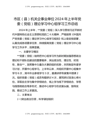 市区（县）机关企事业单位2024年上半年党委（党组）理论学习中心组学习工作总结