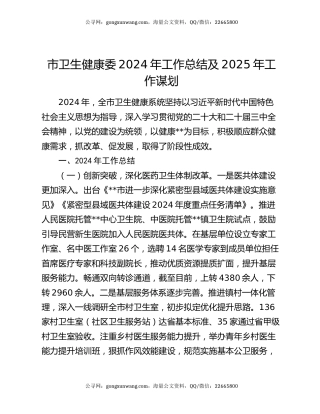 市卫生健康委2024年工作总结及2025年工作谋划